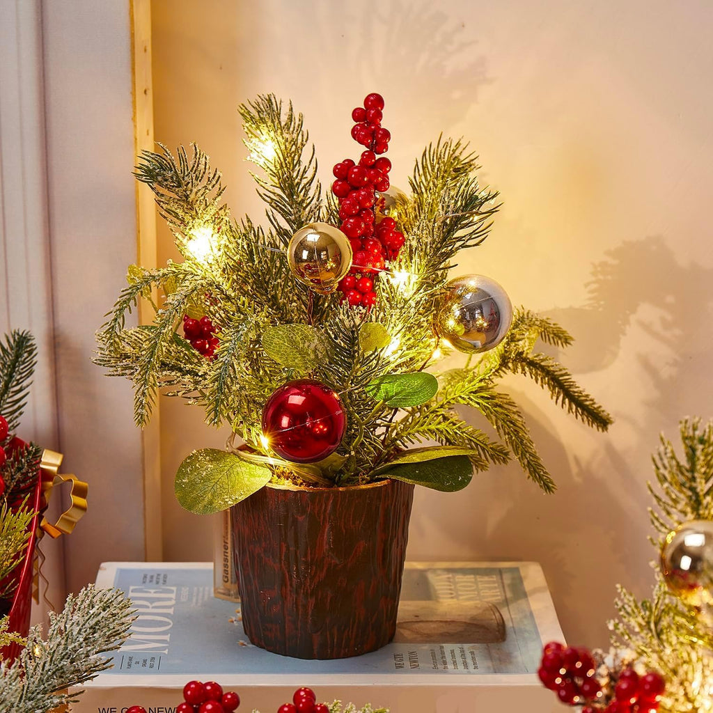 Skiennix Mini Christmas Tree - Tabletop Xmas Tree with Lights & Ornaments | Perfect Holiday Centerpiece