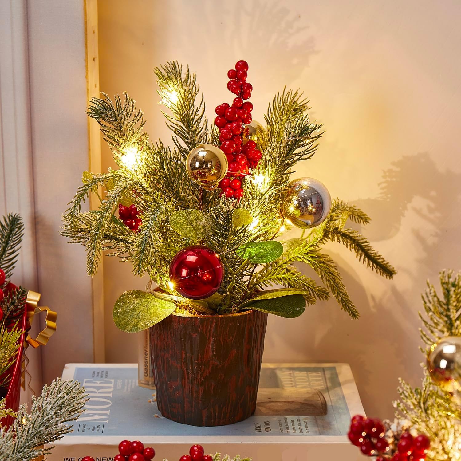 Skiennix Mini Christmas Tree - Tabletop Xmas Tree with Lights & Ornaments | Perfect Holiday Centerpiece