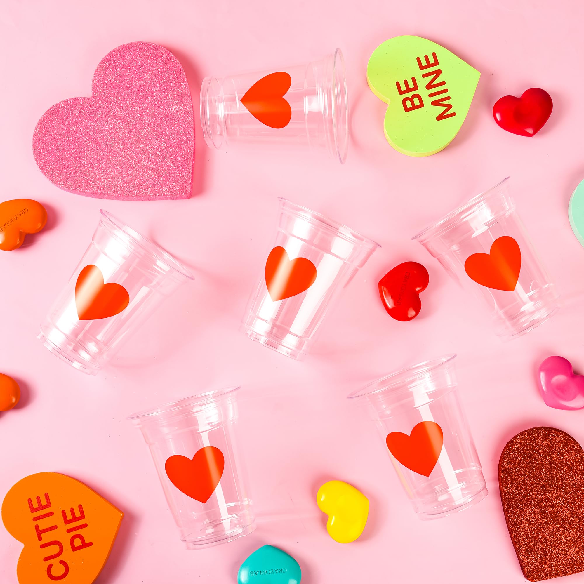AimFun 50Pcs Valentine's Day Plastic Cups Red Heart Party Cups 12oz Clear Heart Disposable Drinking Cups for Valentines Wedding Galentine's Day Anniversary Party Supplies