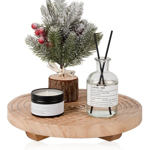 Round Decorative Tray Farmhouse Bathroom Decor Wood Riser Kitchen Countertop Organizer for Perfume, Candle, Plant, 9 inch Burlywood