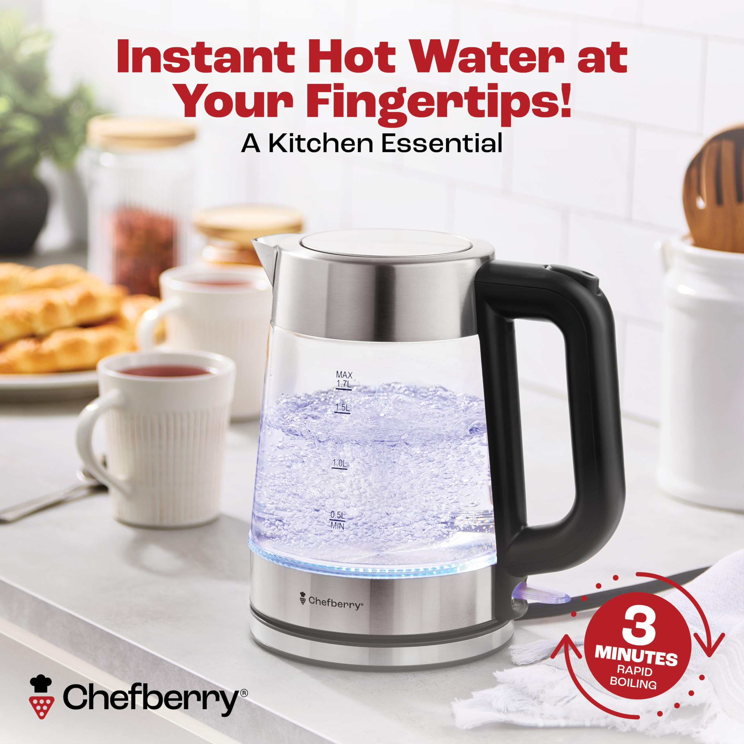 Electric Kettle for Boiling Hot Tea & Water | 1.7L Stainless Steel Borosilicate Glass Boiler With No Plastic, Automatic Shutoff, BPA Free, Fast Heating Technology (Black)
