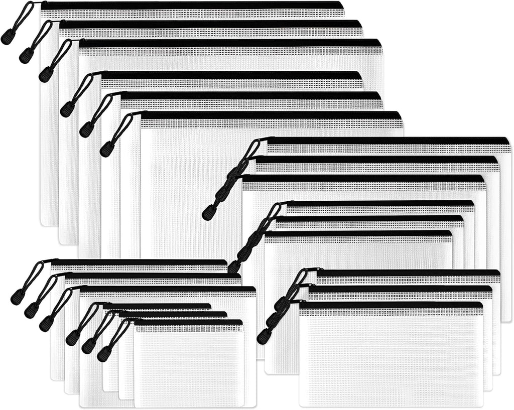 SUNEE Mesh Zipper Pouches - Water-Resistant Storage Bags for School & Office Supplies | 21-Pack, Black