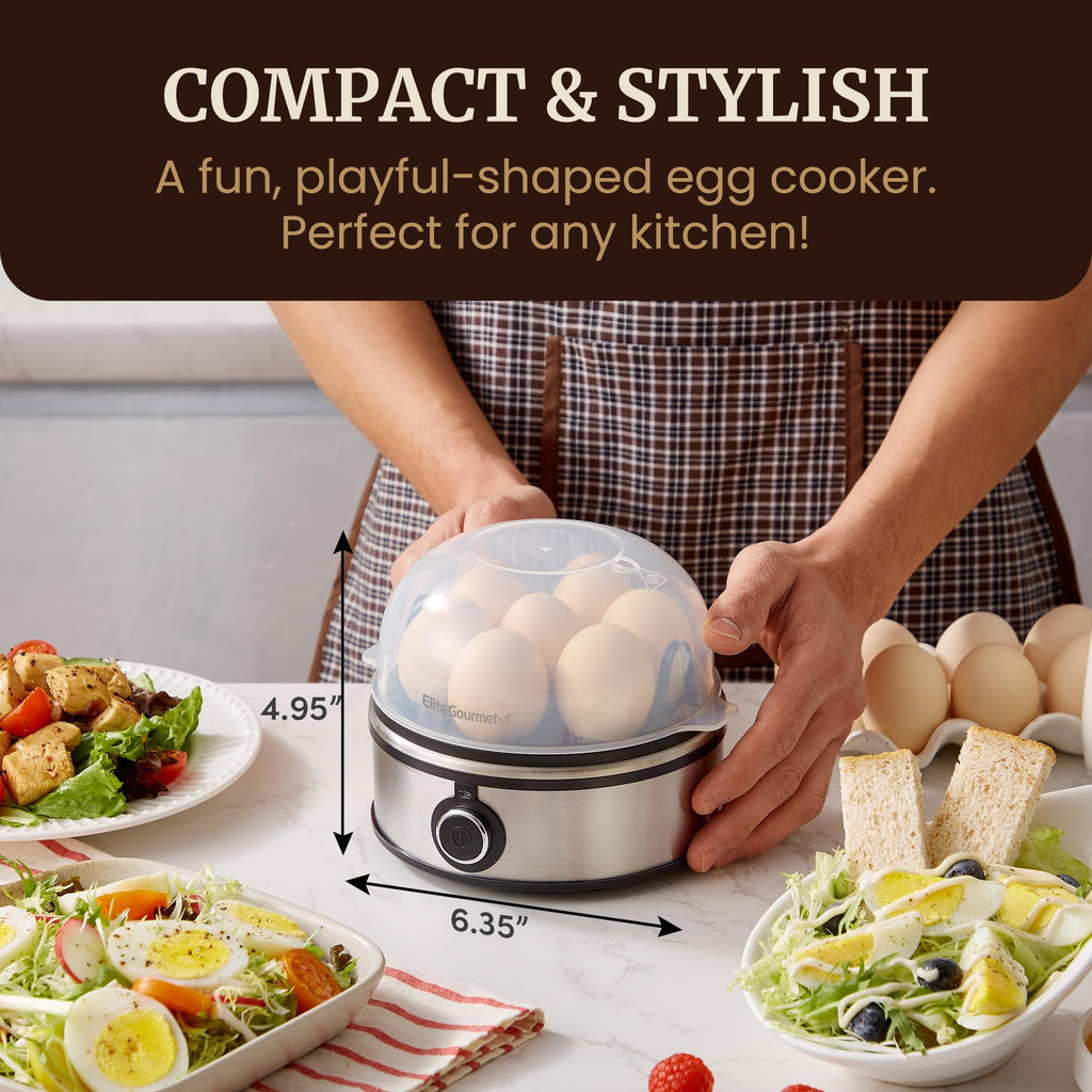 Elite Gourmet EGC855SS Easy Egg Cooker, 7-Egg Capacity, Soft, Medium, Hard-Boiled, Omelets, Poached Eggs, Plays Melody when Done, Auto Shut-Off, Measuring Cup, Stainless Steel