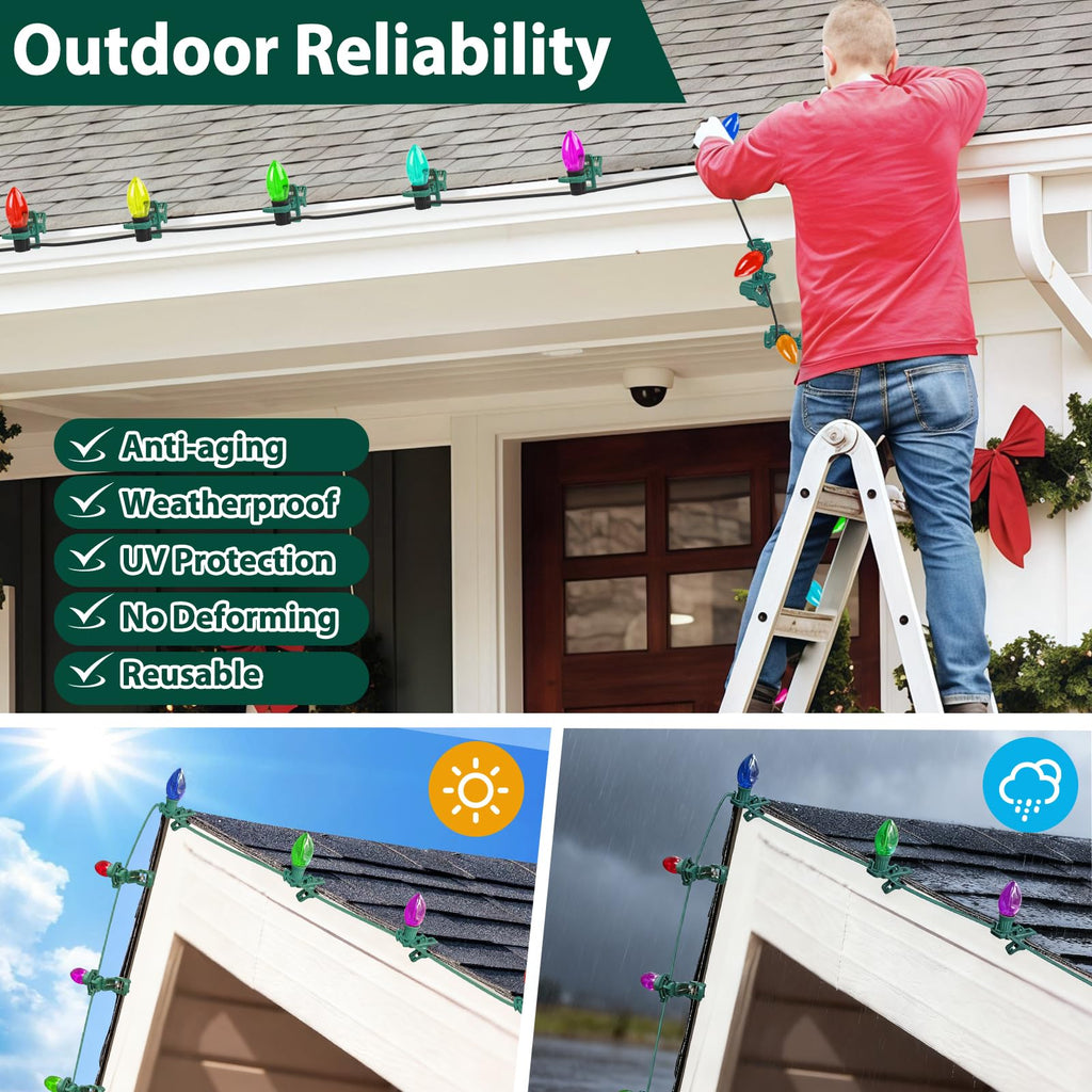 C7 C9 christmas light spring clips, 100Pcs Self-lock heavy duty quick Christmas Light Clips, Fit E12/E17 Base, Mini Lights Holiday Rope Lights, Perfect for gutter Shingle Metal Roof Fence Railing
