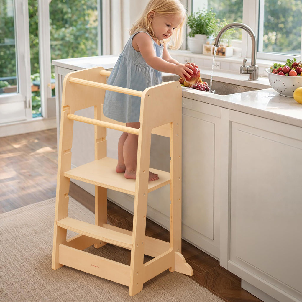 Pillowhale Standing Tower for Toddlers- Adjustable Height with 360° Safety Rail, Kids Step Stool with Safety Rail, Wooden Step Stool, Age 18 Months-6years