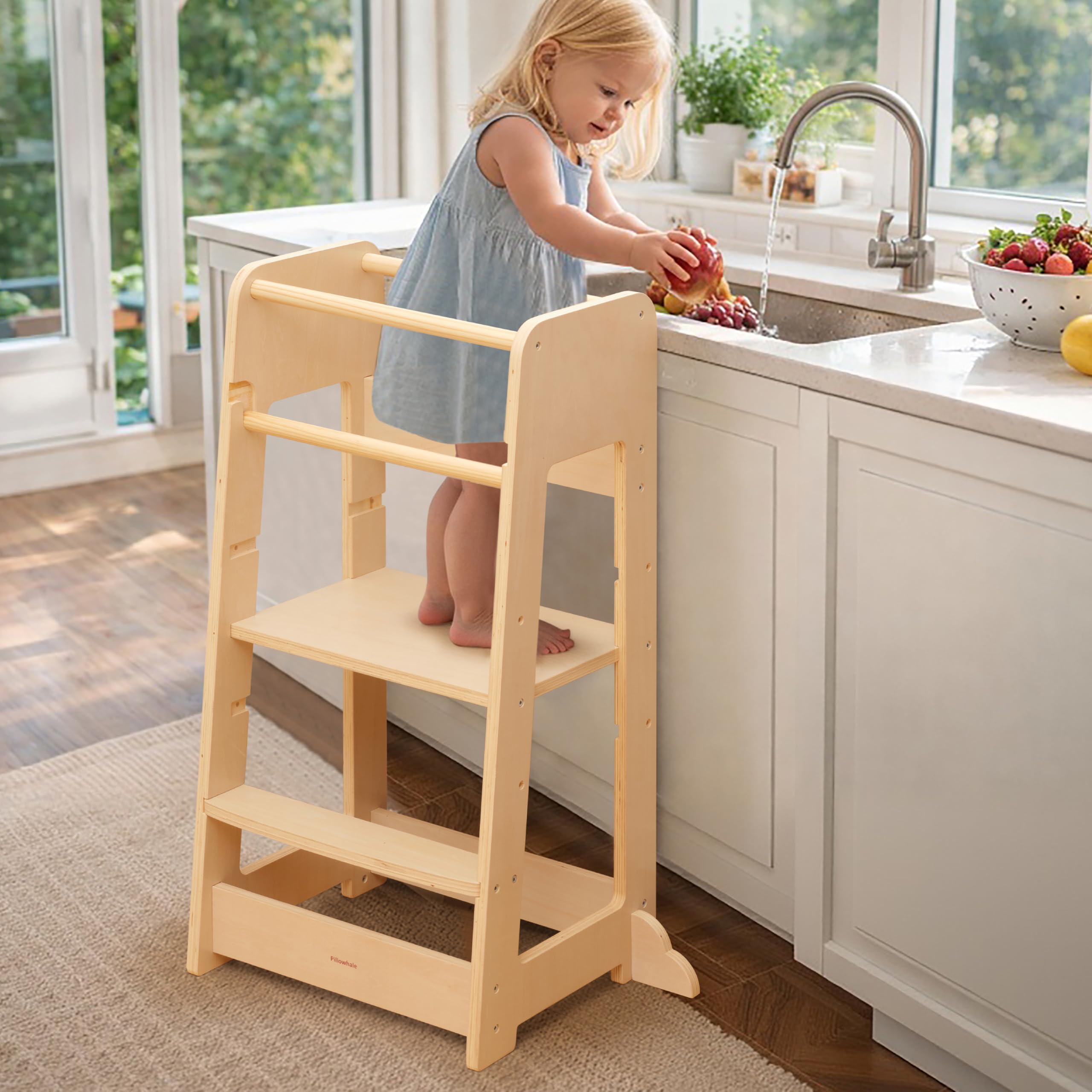 Pillowhale Standing Tower for Toddlers- Adjustable Height with 360° Safety Rail, Kids Step Stool with Safety Rail, Wooden Step Stool, Age 18 Months-6years