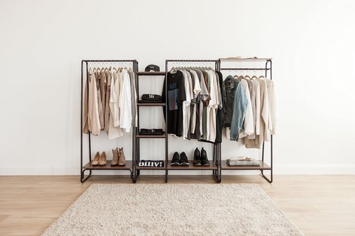 IRIS USA Clothes Rack for Hanging Clothes with Bottom Wood Shelf, Freestanding Clothing Rack, Easy to Assemble Garment Rack, Metal, Sturdy Design, Multipurpose, Small Space Storage Solution, Black
