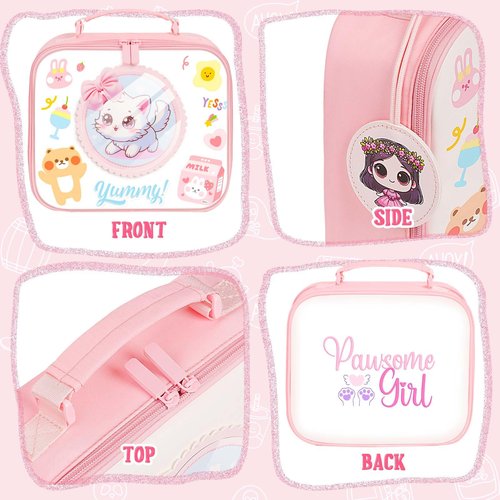 GLORIEROO Kids Lunch Box for Girls - Insulated Leakproof Waterproof Reusable Lightweight Cute Pink Lunch Bag Cooler for Girls 6+ for School Travel Back to School
