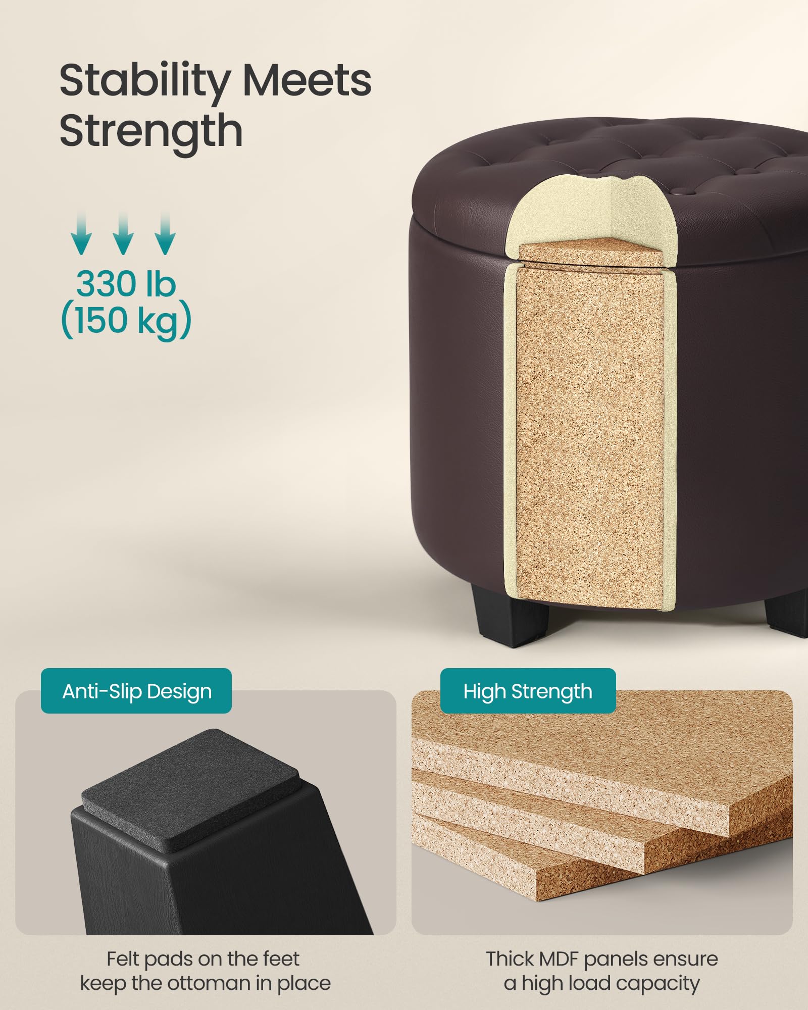 SONGMICS Round Ottoman, Ottoman with Storage, 17.7 x 17.7 x 17.5 Inches, Foot Rest with Legs, Synthetic Leather, Load up to 330 lb, for Living Room, Bedroom, Chestnut Brown ULOM014K01