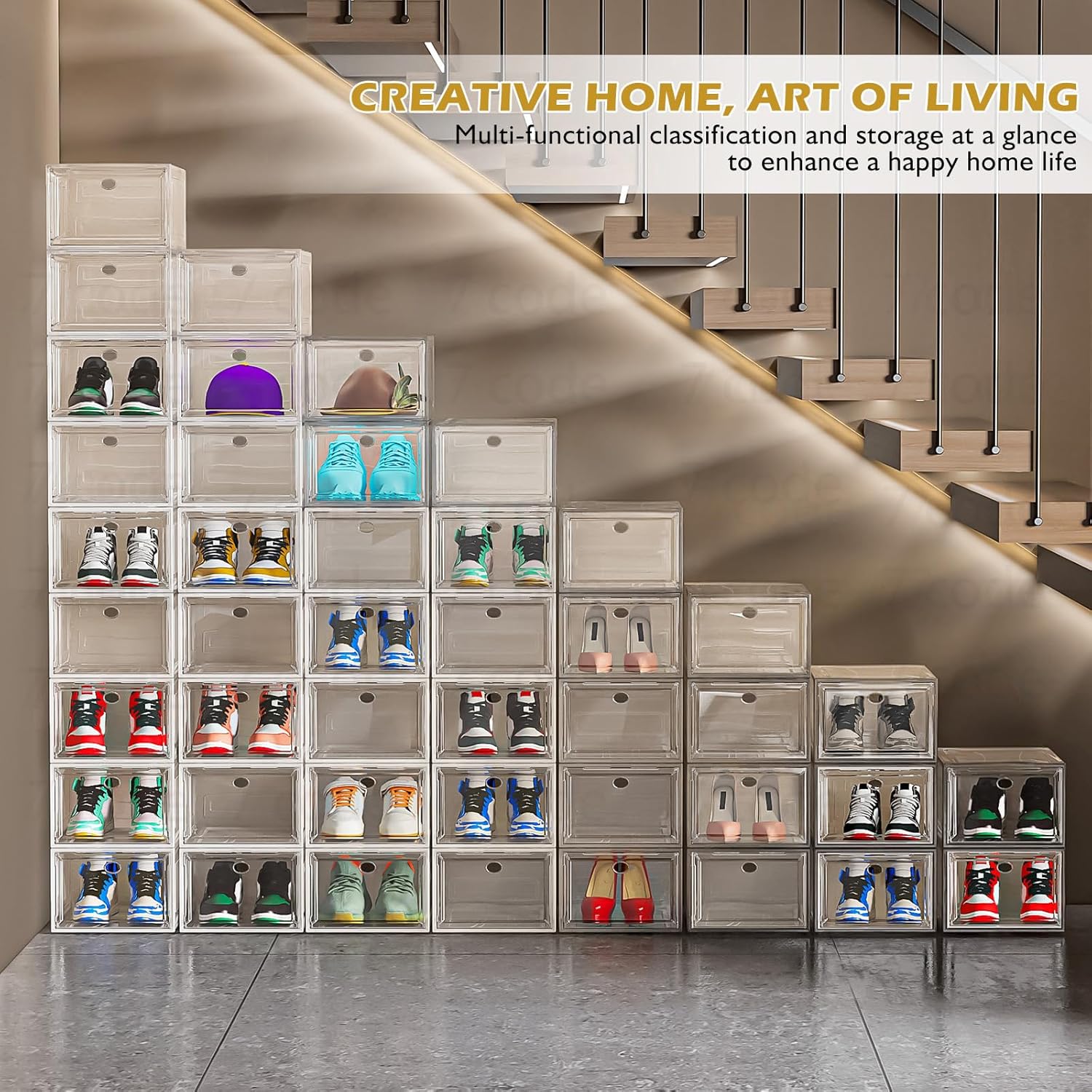 Skiennix Clear Shoe Storage Organizer - Sturdy Stackable Boxes with Magnetic Door | 6 Pack, White