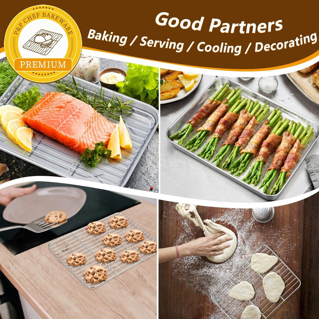 P&P CHEF Toaster Oven Pans Set - 10.4 & 9 Inch Stainless Steel Baking Trays with Racks | Non-Toxic & Dishwasher Safe