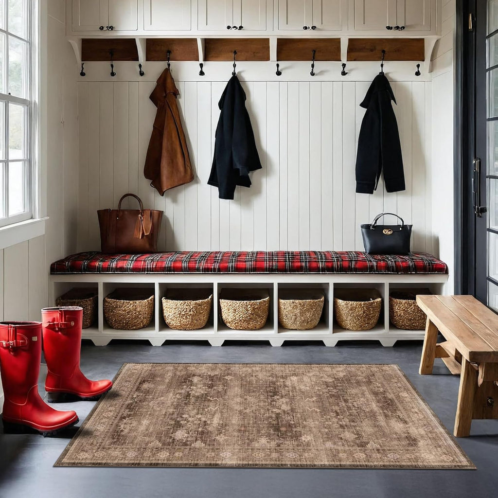 Boho Taupe Brown 3x5 Area Rug - Washable Low Pile Non-Slip Design for Entryway, Kitchen & Laundry