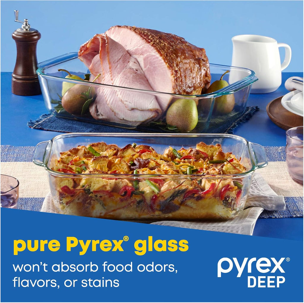 Pyrex Glass Baking Dish Set - Deep 3-Pack with BPA-Free Lids | Rectangular Bakeware (9"x13", 7"x11", 8"x8")