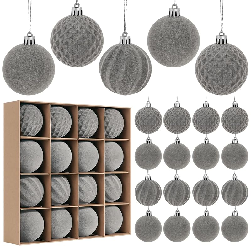 Artmag Grey 2.36 Inch 16 Pcs Velvet Flocked Christmas Balls Ornaments Set