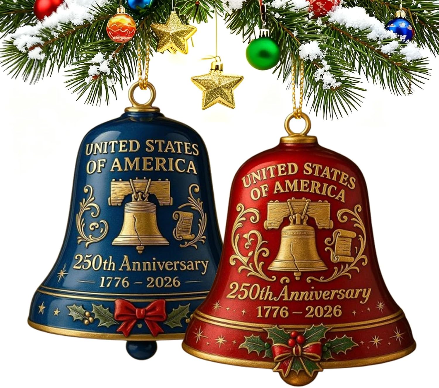 USA 250th Anniversary Bell Ornament - 3D Vintage-Style Metal Decor for Patriotic Holidays | 2PCS Red & Blue