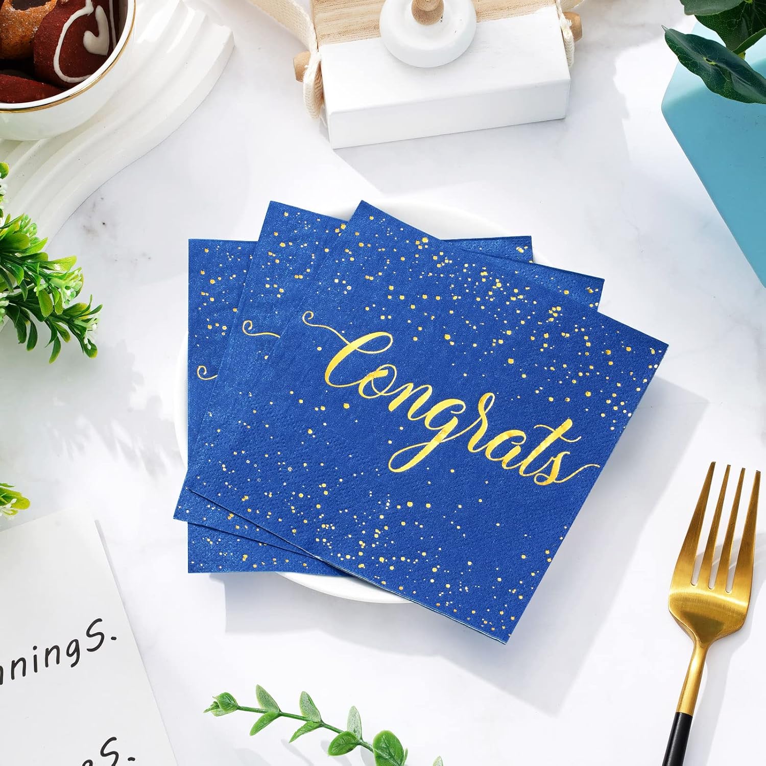 Whaline Graduation Cocktail Napkins - 80 Pack Blue & Gold Foil Congrats Design | Disposable Party Decor