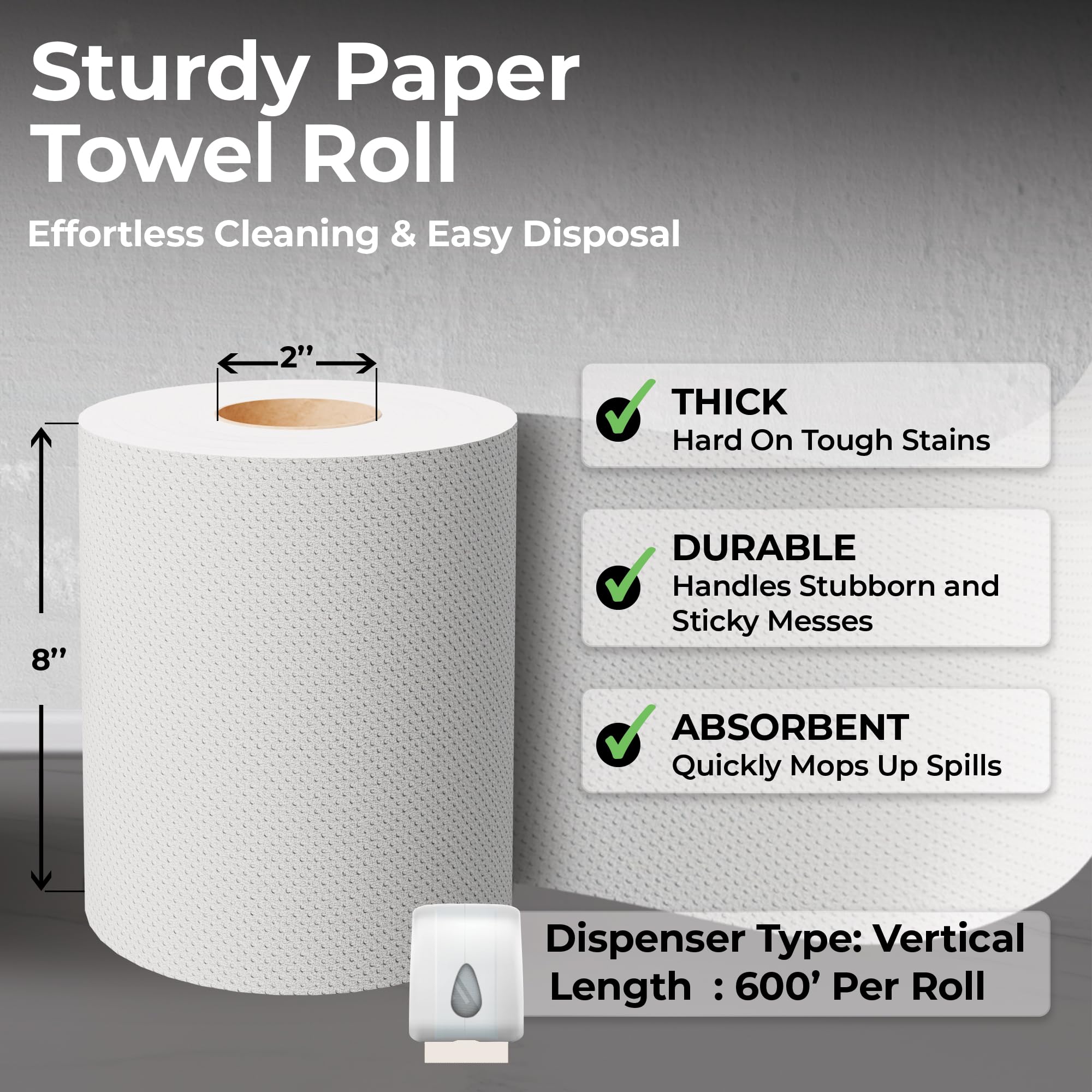 Restaurantware-Paper Towel Roll 600' x 1 Roll Long Paper Towel 8" Wide Hand Towel Roll 1 Ply Universal Dispenser 2" Core Hardwound High Absorbency Everyday Use For Commercial Washroom White