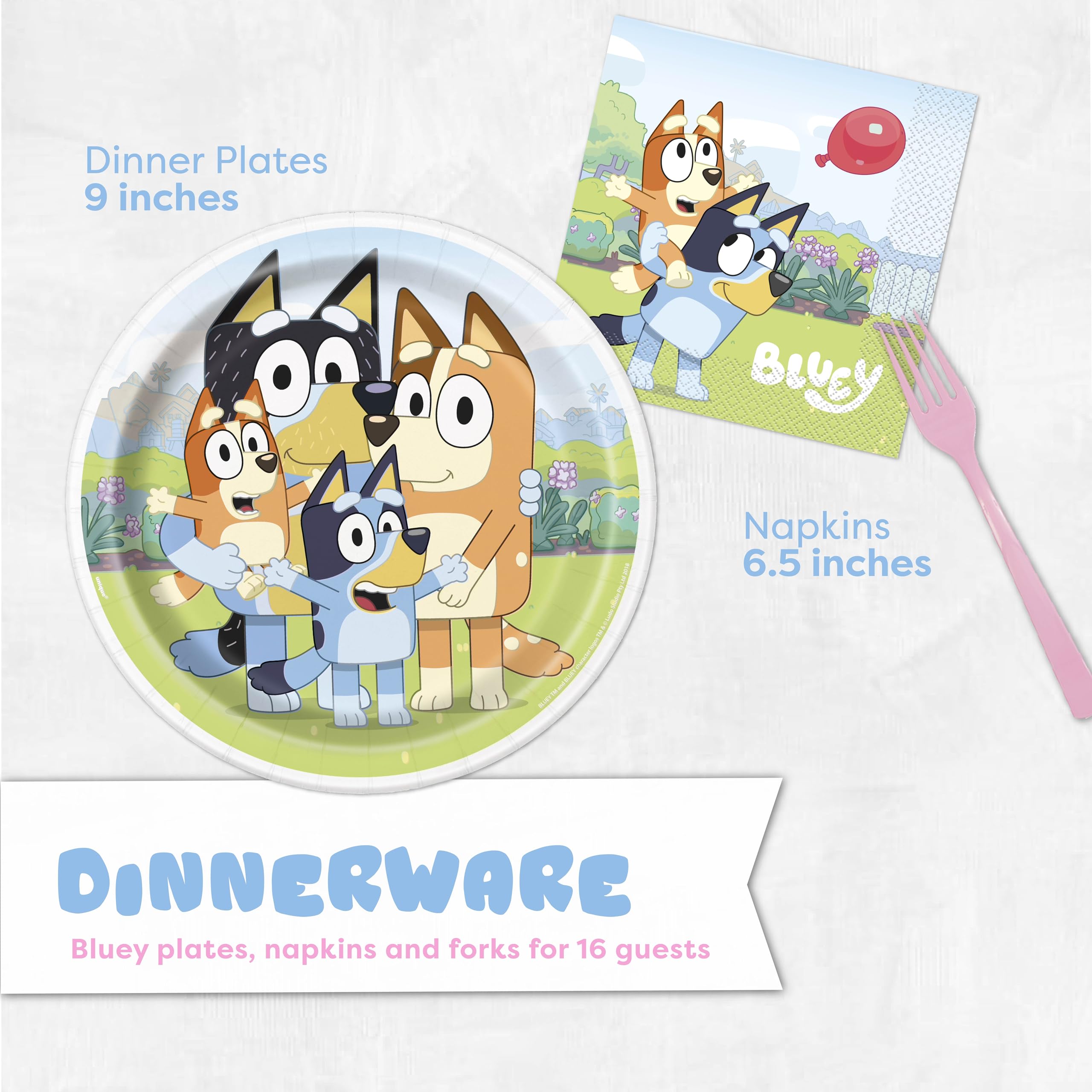 Bluey Birthday Decorations Girl Party Supplies for 16 - Bluey Party Decorations with Banner, Tablecloth, Balloons, Plates, Napkins, Forks, Sticker - Officially Licensed