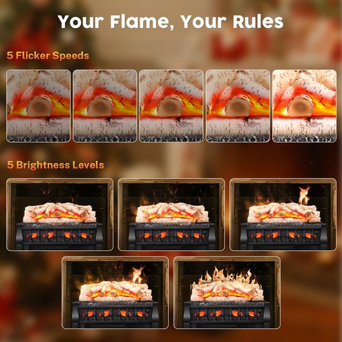 KISSAIR Electric Fireplace Log Inserts Heater, 21'' Freestanding Electric Fireplace Log Set, 5 Flame Brightness, 5 Flicker Speed, Heater 750W/1500W with Remote Control, Overheat Protection