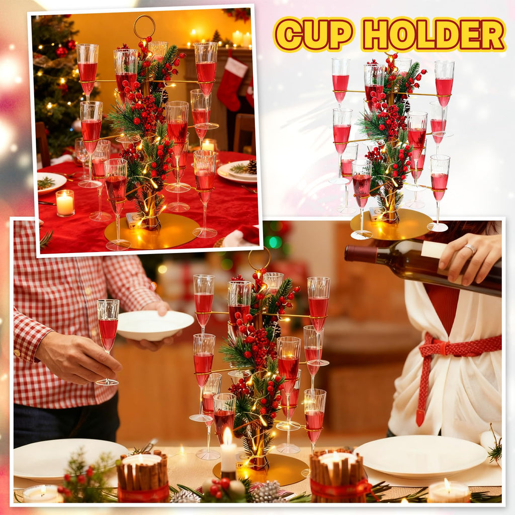 Acellegic 3 Tiers Christmas Gold Cocktail Tree Stand with 12 Holders 12 Pcs 10 oz Wine Glass Light Tree Drink Holder Display Tower with Pinecone Branch for Party Champagne Bar Bridal Shower Wedding