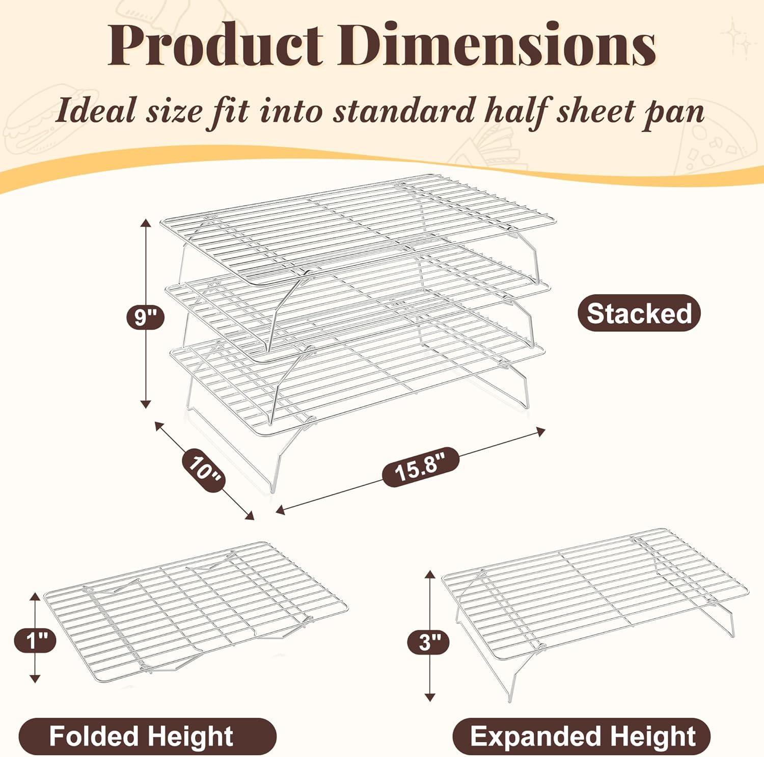 Skiennix Cooling Racks - 3-Tier Stackable Wire Baking Rack for Oven Cooking & Grilling - Dishwasher Safe, Silver