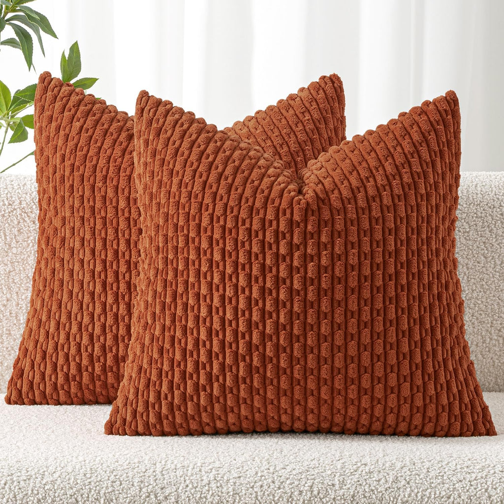 MIULEE Throw Pillow Covers - Soft Corduroy Boho Striped Decorative Pillowcases | Set of 2, 18x18 Inch, Rust