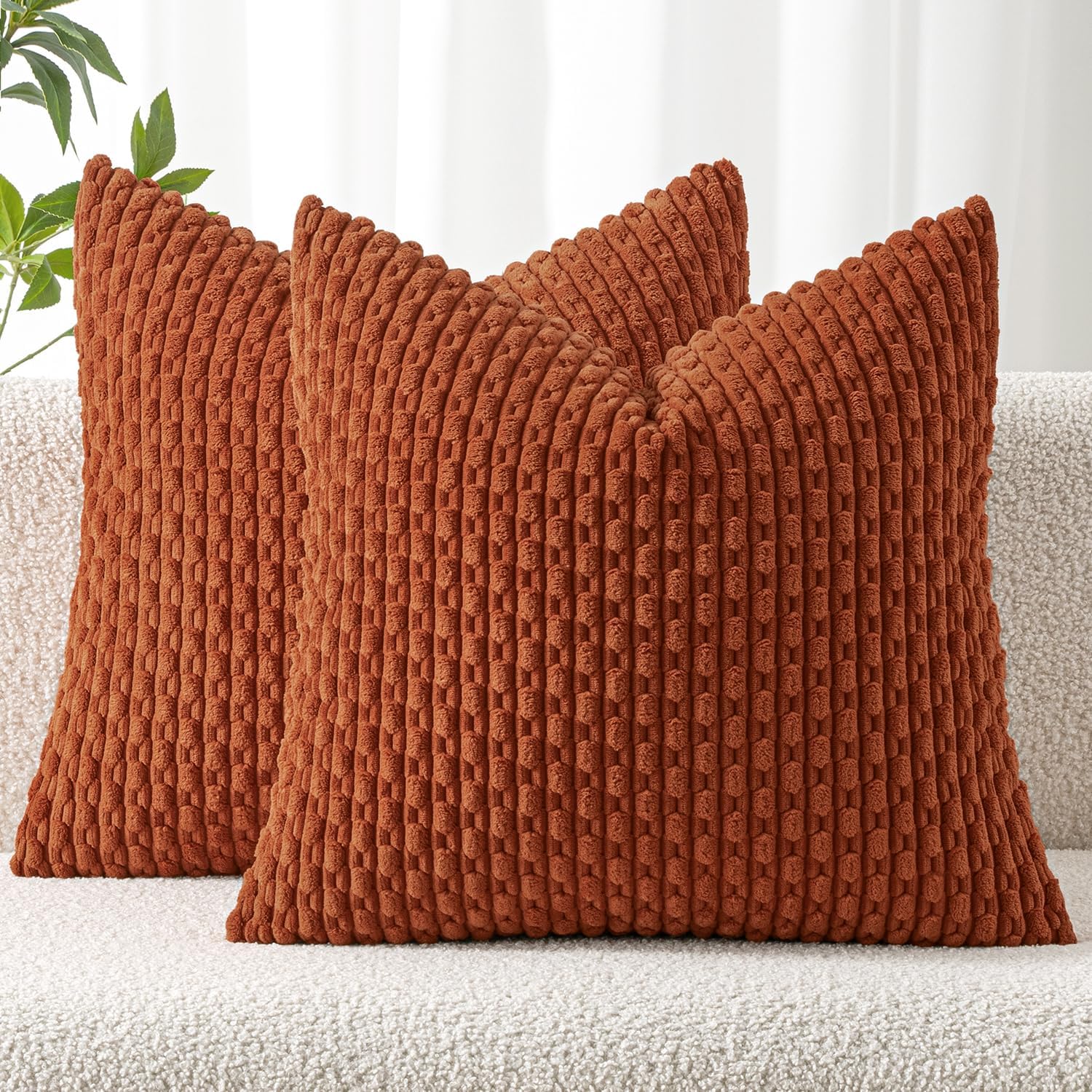 MIULEE Throw Pillow Covers - Soft Corduroy Boho Striped Decorative Pillowcases | Set of 2, 18x18 Inch, Rust