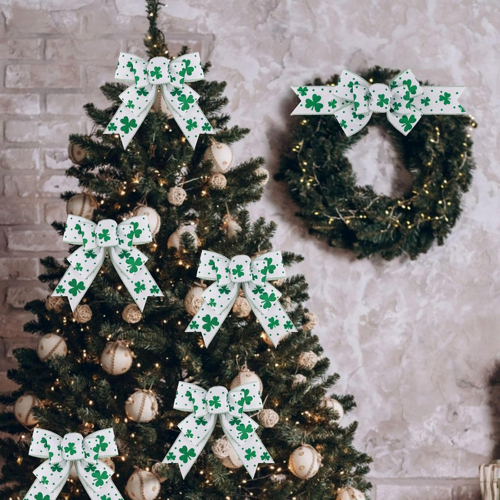 Meseey St. Patrick's Day Bow Wreath Decoration - Reusable Green & White Shamrock Bows for Home Decor | 2 Pcs Set