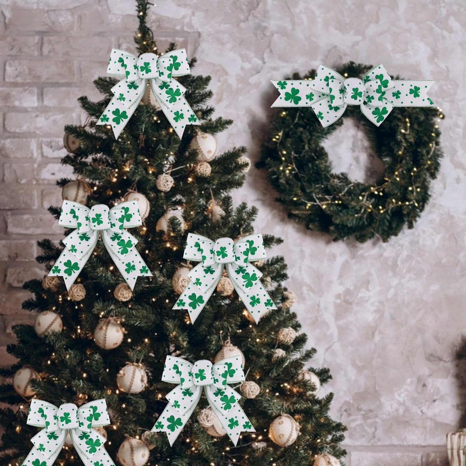 Meseey St. Patrick's Day Bow Wreath Decoration - Reusable Green & White Shamrock Bows for Home Decor | 2 Pcs Set