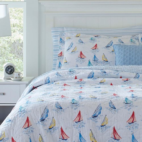Laura Ashley - Queen Quilt Set, Cotton Reversible Bedding with Matching Shams, Home Decor Ideal for All Seasons (Ahoy Blue, Queen)