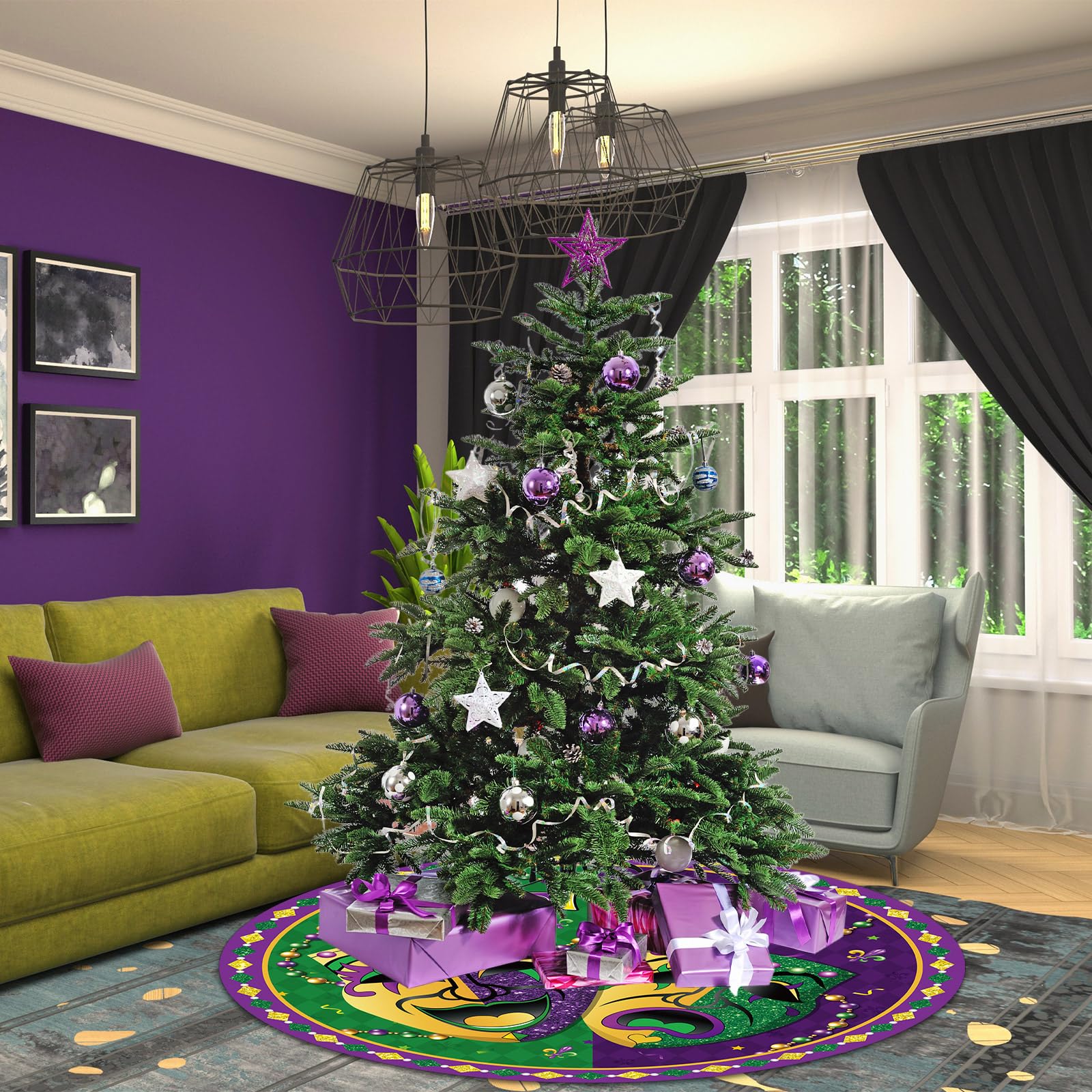 Blosssound Mardi Gras Tree Skirt 36 Inch Carnival Tree Mat Masquerade Party Decor Carpet Mardi Gras Theme Decoration for Home Office Masquerade Holiday Party Decoration