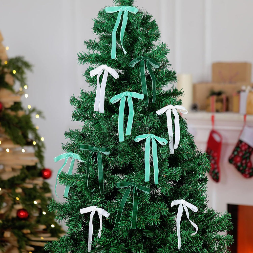Skiennix 24 Pcs Velvet Bows - Vintage Ribbon Bows for Christmas Tree & Crafts | Dark Green, Beige, Sage Green (5 x 7 Inch)