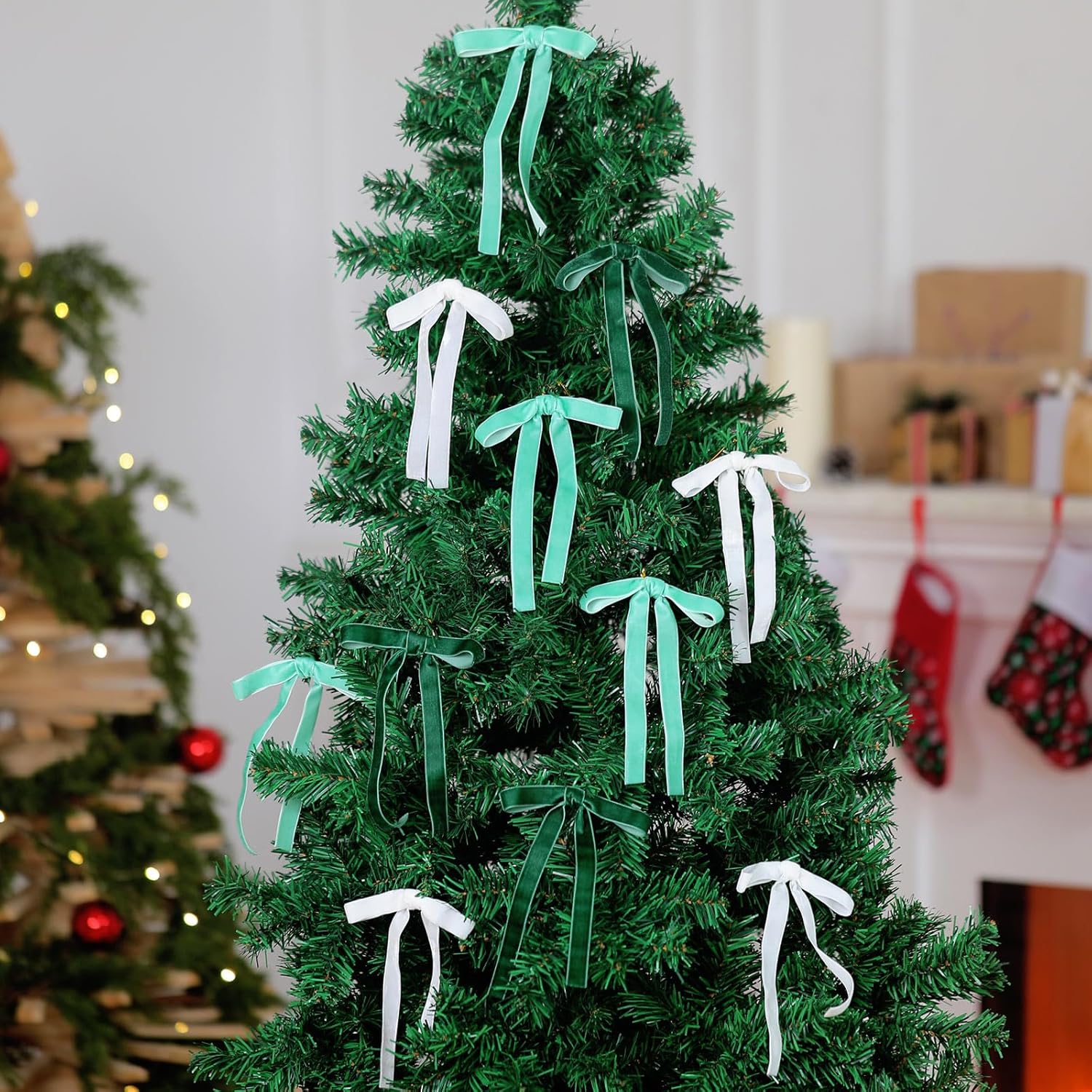 Skiennix 24 Pcs Velvet Bows - Vintage Ribbon Bows for Christmas Tree & Crafts | Dark Green, Beige, Sage Green (5 x 7 Inch)