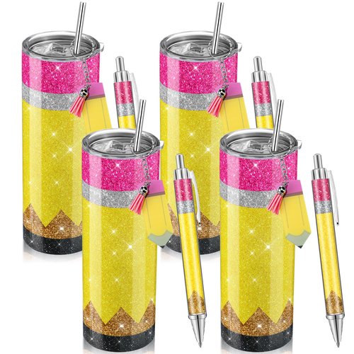 Skylety 12 Pcs 12 Pcs Teacher Gift Bulk 4 Sets Cute Teacher Appreciation Gifts 20 oz Stainless Steel Tumbler Keychain Ballpoint Set for Thank You Educator (Glitter Pencil Style)