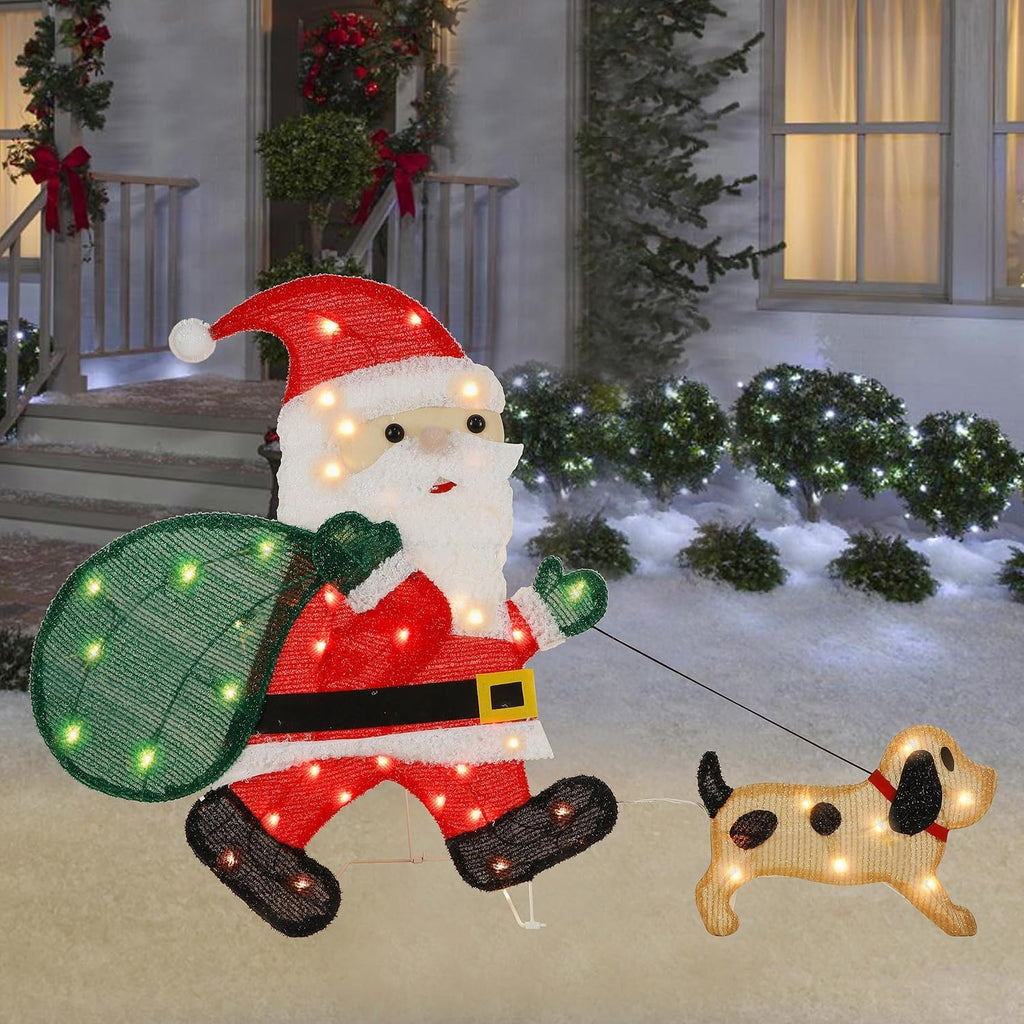 Waterglide Lighted Christmas Santa Claus with Puppy - 26.5 Inch Pre-Lit 2D Tinsel Outdoor Yard Decor
