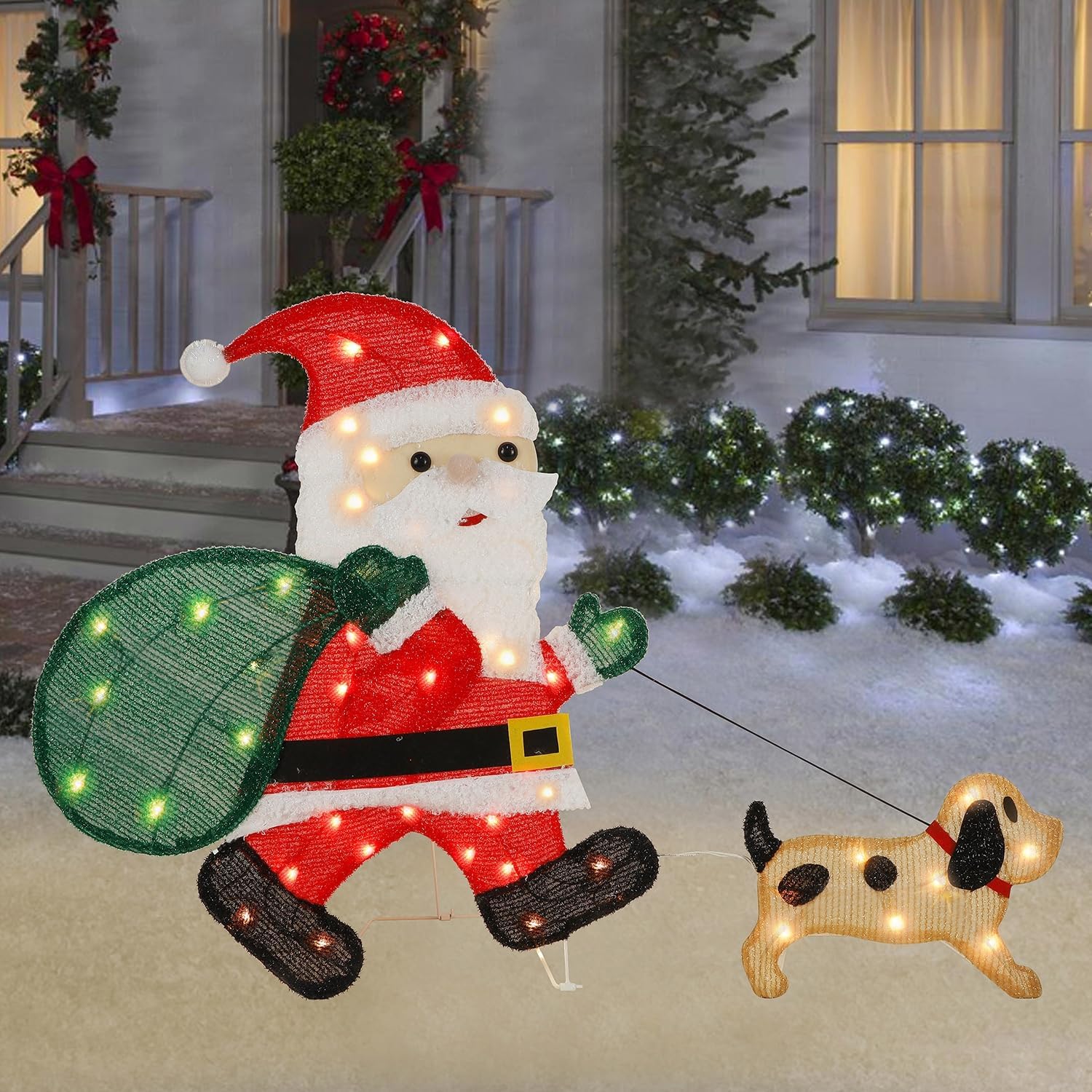 Waterglide Lighted Christmas Santa Claus with Puppy - 26.5 Inch Pre-Lit 2D Tinsel Outdoor Yard Decor
