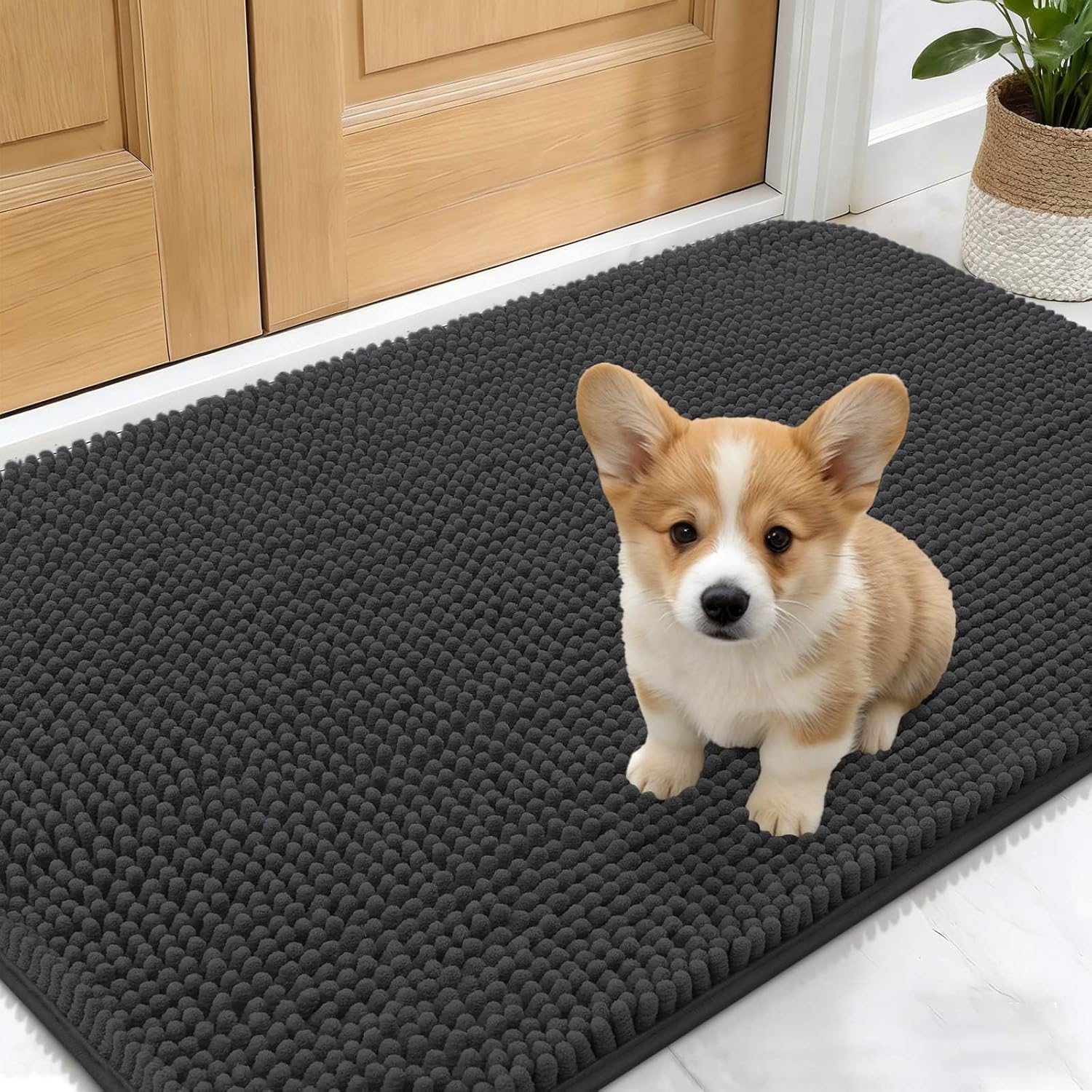 OLANLY Dog Door Mat - Absorbent Non-Slip Chenille Doormat for Muddy Paws | 30x17 Dark Grey