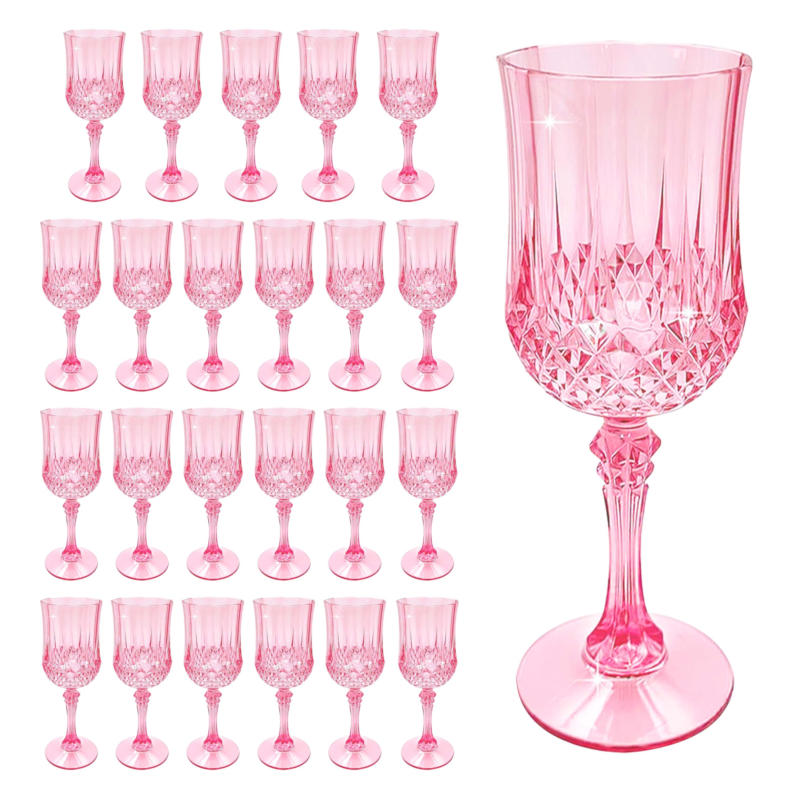 JUSONEY 7oz Vintage-Inspired Plastic Wine Glasses | 48-Piece Crystal Textured Plastic Goblets，Disposable Wine Glasses for Weddings, Parties & Elegant Events(48-Pink)