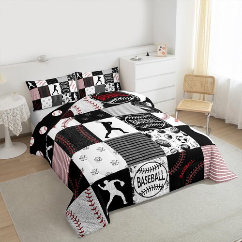 Erosebridal Kids Baseball Comforter Set Full Softball Boys Bedding Set Sports Game Quilted Comforter for Boys Patchwork Down Comforter Baseball Gift Duvet Insert for Teens, Red Black Gray