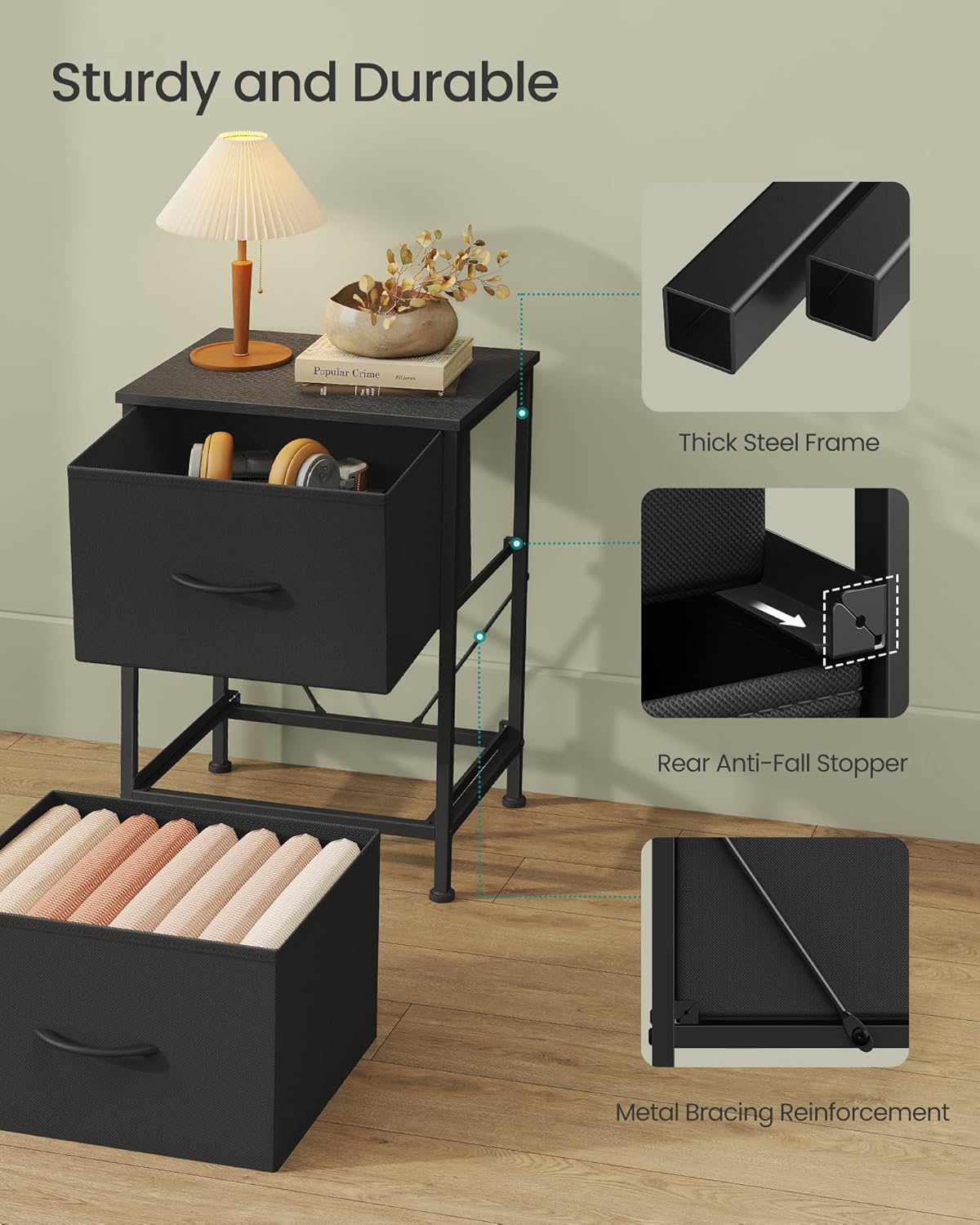 SONGMICS BELLAH Collection - Modern Dressers & Nightstands Set of 2 | 2-Drawer Storage Organizers in Ink Black & Ebony Black