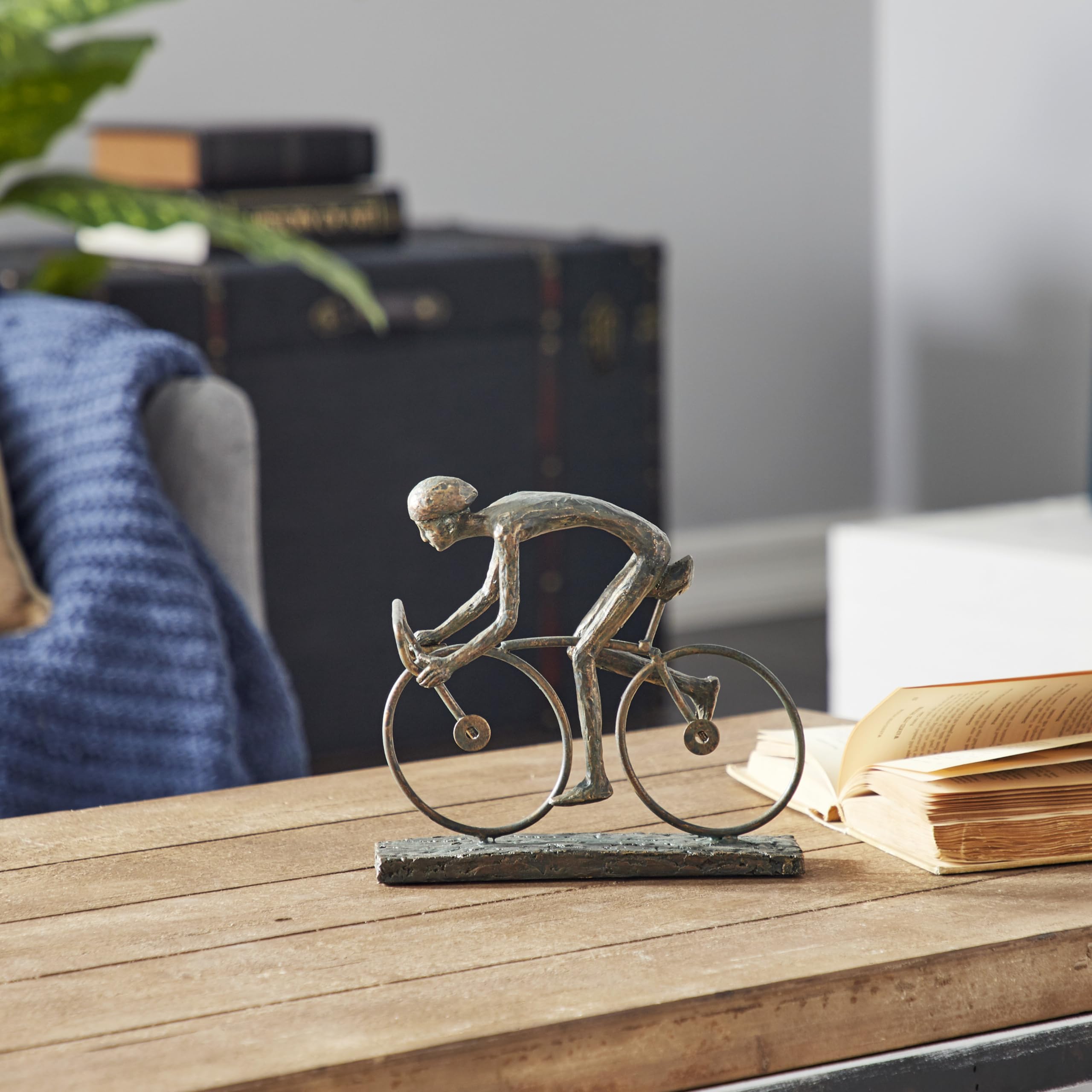 Deco 79 Polystone People Decorative Sculpture Home Decor Statue with Bike, Accent Figurine 9" x 3" x 8", Bronze