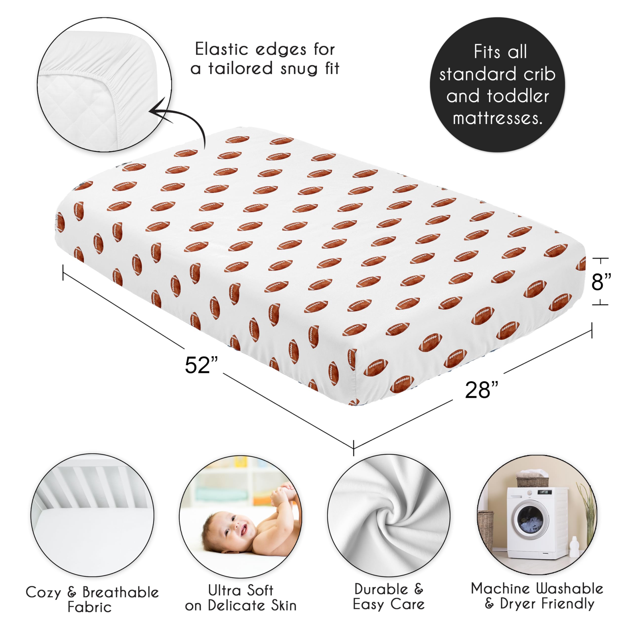 Sweet Jojo Designs Fitted Baby Crib Sheets (Football) for Boys, Infant Nursery, Toddler Room - Standard Size (Brown & White Sports Balls for The Classic, Watercolor, Vintage Sport Theme Collection)