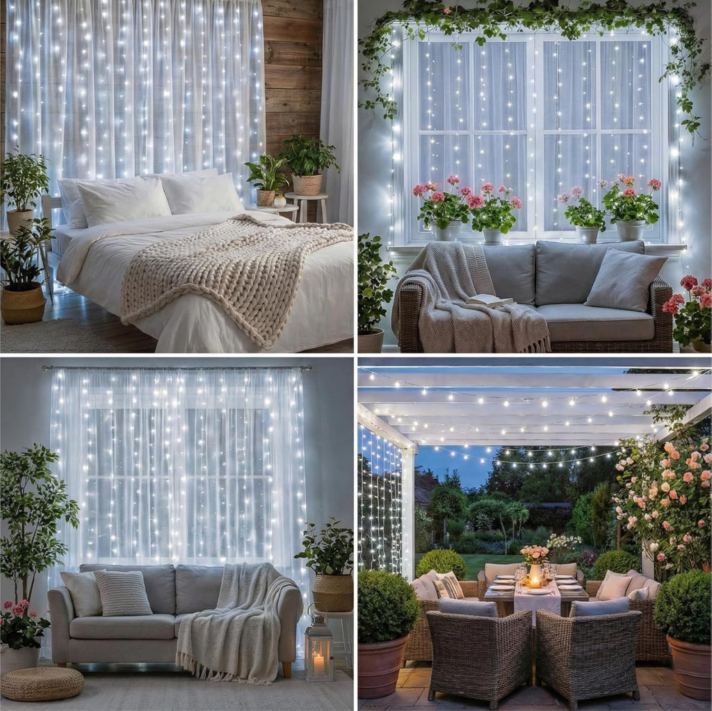 Skiennix Fairy Curtain String Lights - 200 LED White 6.6x6.6ft | 8 Modes Remote Control for Home Decor