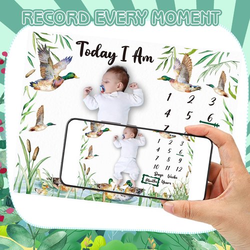 Guiqulai Mallard Duck Monthly Milestone Blanket for Baby Boy Flannel Newborn Infant Swaddle Growth Chart Photography Background with Baby Birth Signs, Felt Frames, Bibs