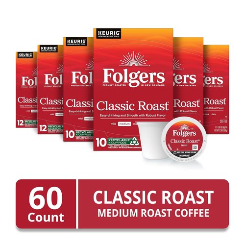 Folgers Classic Roast Coffee - Medium Roast Keurig K-Cup Pods | 10 Count Box (Pack of 6)