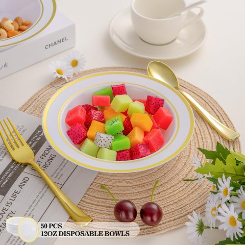 realluck 50 Pack Disposable Soup Bowls with Gold Rim,12oz Disposable Soup Bowls,Disposable Soup Dessert Salad Bowls for Wedding/Party/Catered Events