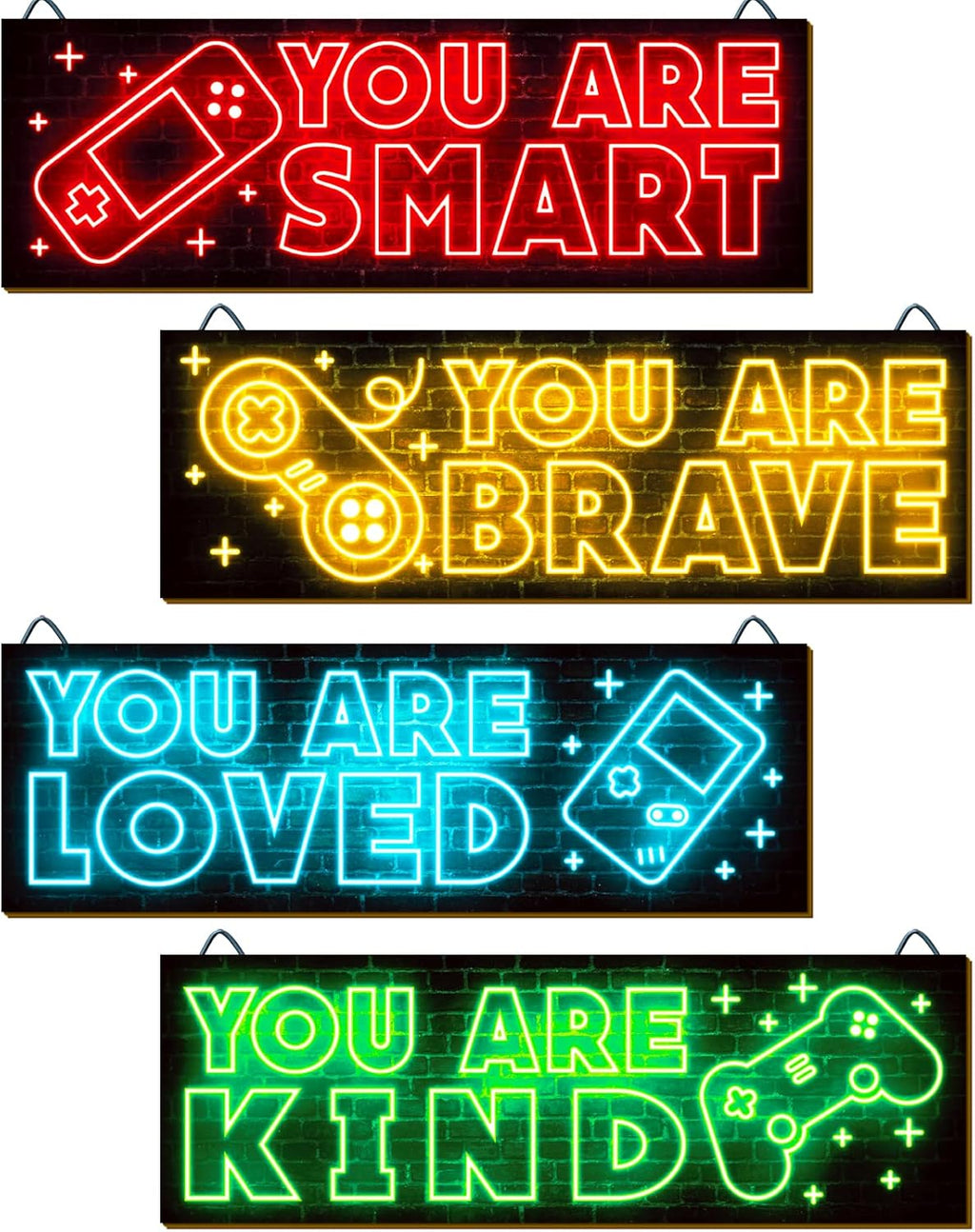YLOLUL Neon Game Art Prints - 4-Piece Wood Wall Decor for Boys' Rooms | Inspirational Gamer Quotes, 12 x 4 Inch, Red