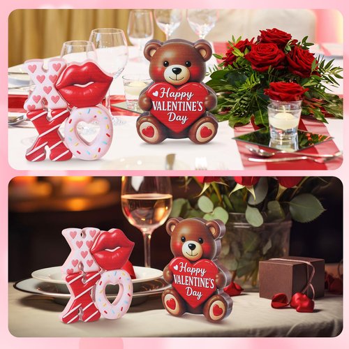 Wesiti 2 Pcs Valentines Day Wooden Bear Decorations Bear Figurines XOXO Tabletop Happy Valentine's Day Table Centerpiece Decorations for Home Indoor Anniversary Wedding Decor Gifts for Him Her