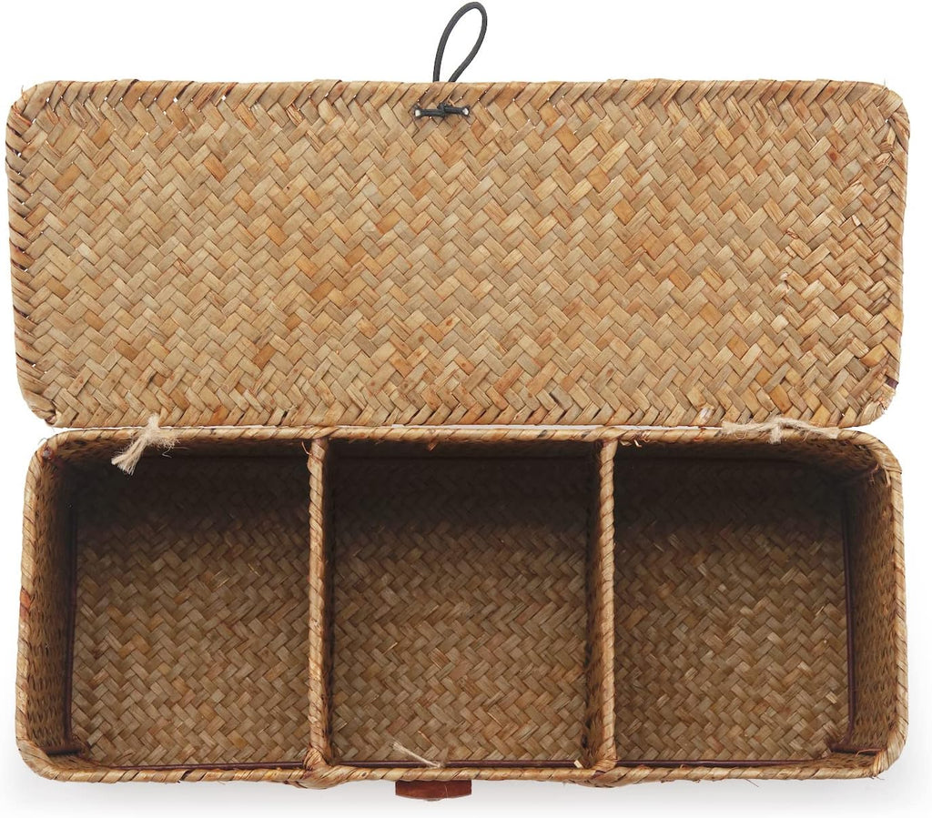 Seagrass Tank Basket - Woven Storage Basket with Lid for Organizing Snacks & Toys | Large 16.5" L x 5.5" W x 5.5" H