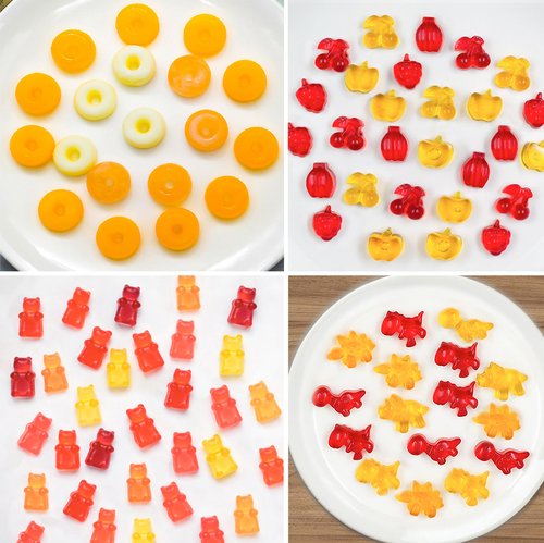 5 PCS Silicone Gummy Molds, Food Grade Non-Stick Candy & Chocolate Mold Fruit Snack Molds BPA-Free with 2 Droppers Including Mini Dinosaur, Bear, Heart, Fruit, and Donut (Blue)